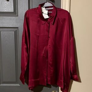 Eileen Fisher Hammered Silk Satin Shirt in Deep Burgundy
